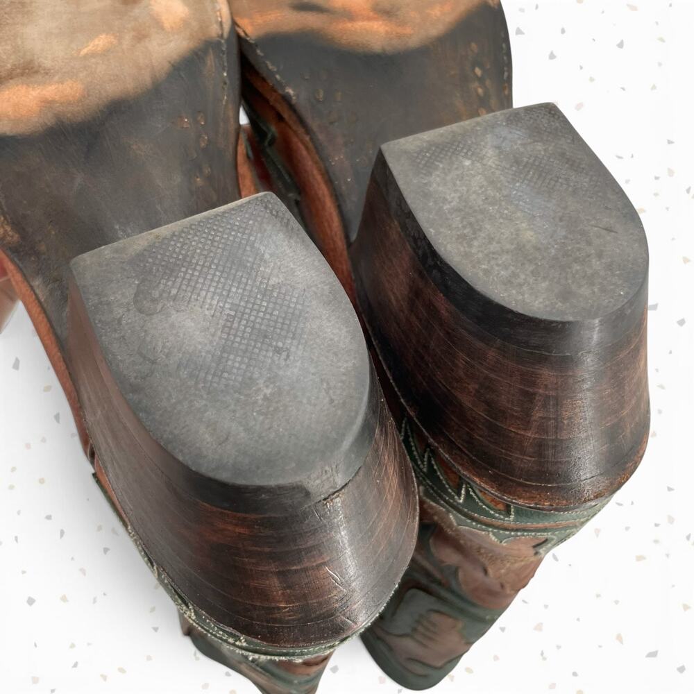 Vintage Lucchese Classics Western Boot Cowboy Green Overlay Brown Leather Size 6 - Picture 13 of 15